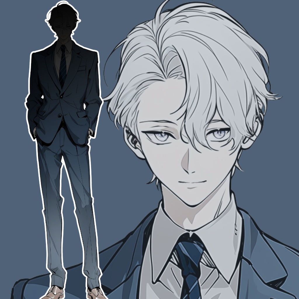 【立ち絵09】現代日本/スーツ男性/全身/表情2種/透過PNG/白髪