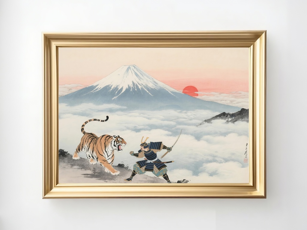 虎に挑む侍・富士山と朝日を向こうに勇気と繁栄を呼ぶ風水デジタルアート uk002
