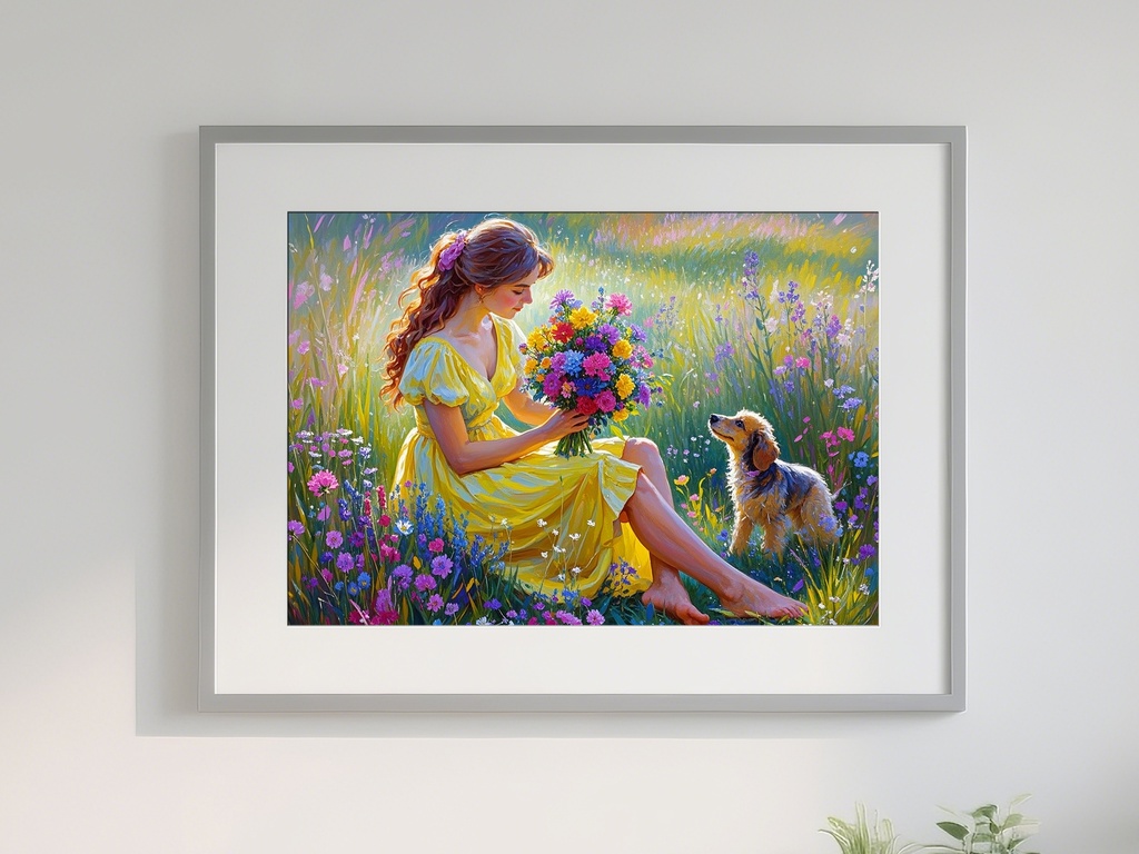 女性と子犬の花摘み