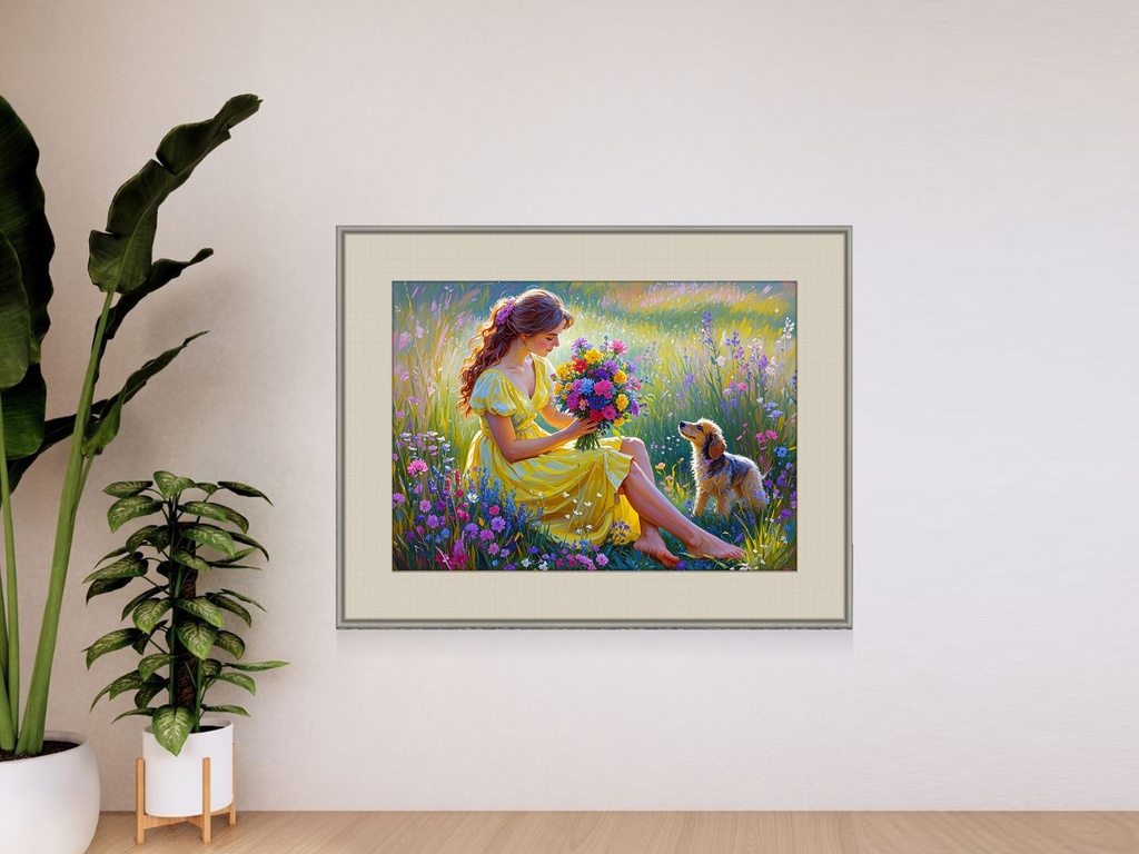 女性と子犬の花摘み