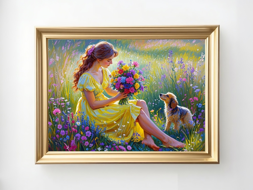 女性と子犬の花摘み