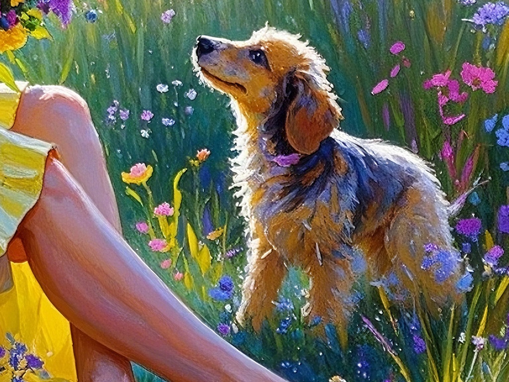 女性と子犬の花摘み