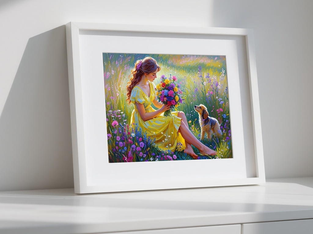 女性と子犬の花摘み