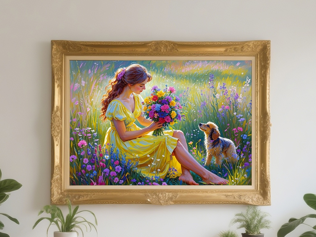 女性と子犬の花摘み