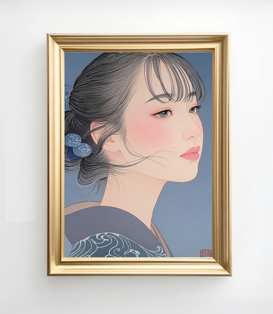 あどけなさと透明感の横顔の浮世絵風アート