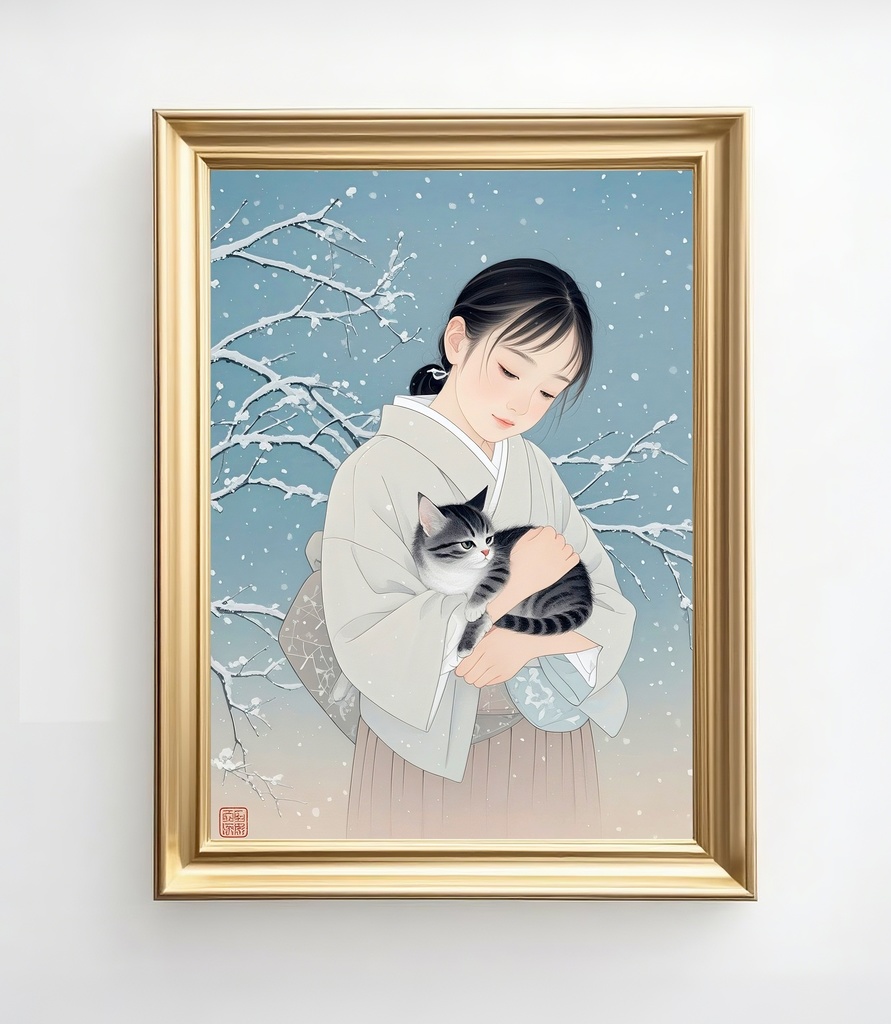 冬の静寂 少女と猫の雪景色