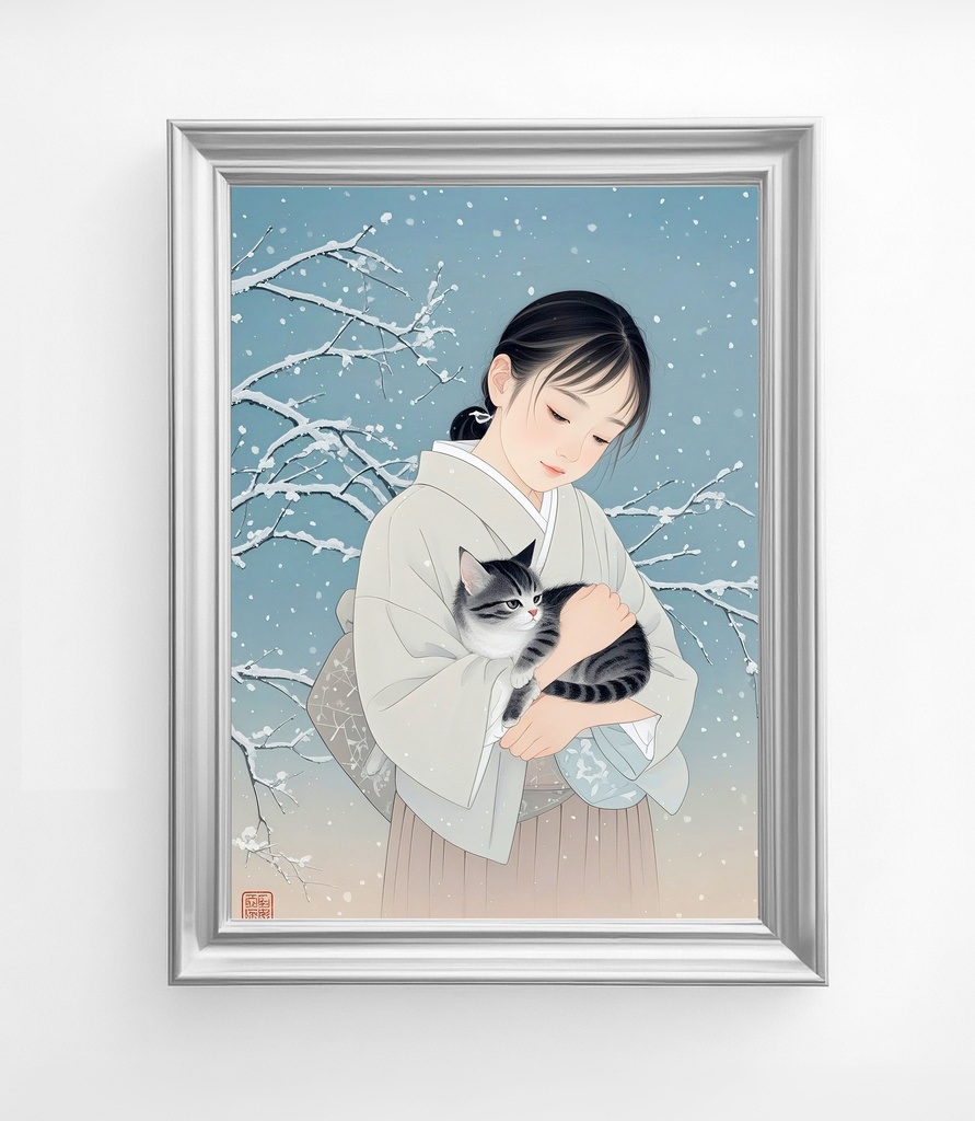 少女と猫の雪景色