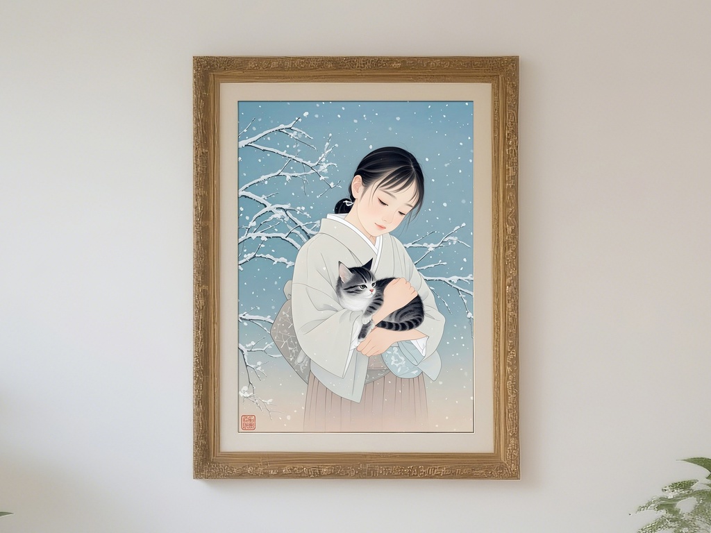 少女と猫の雪景色