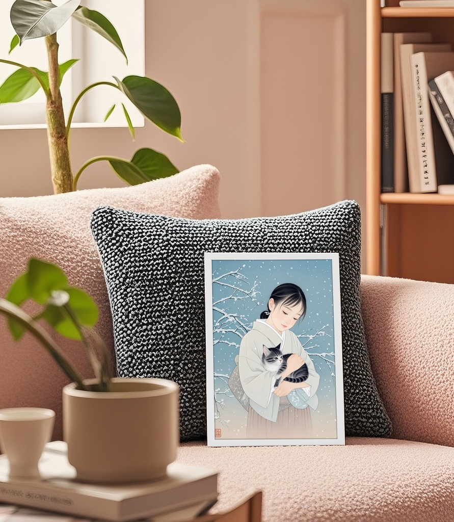 少女と猫の雪景色