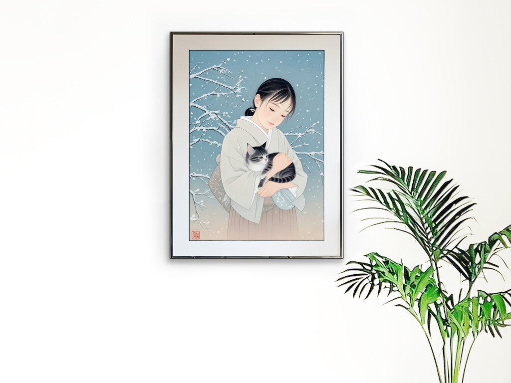 少女と猫の雪景色