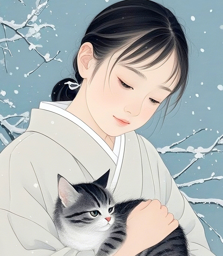 少女と猫の雪景色