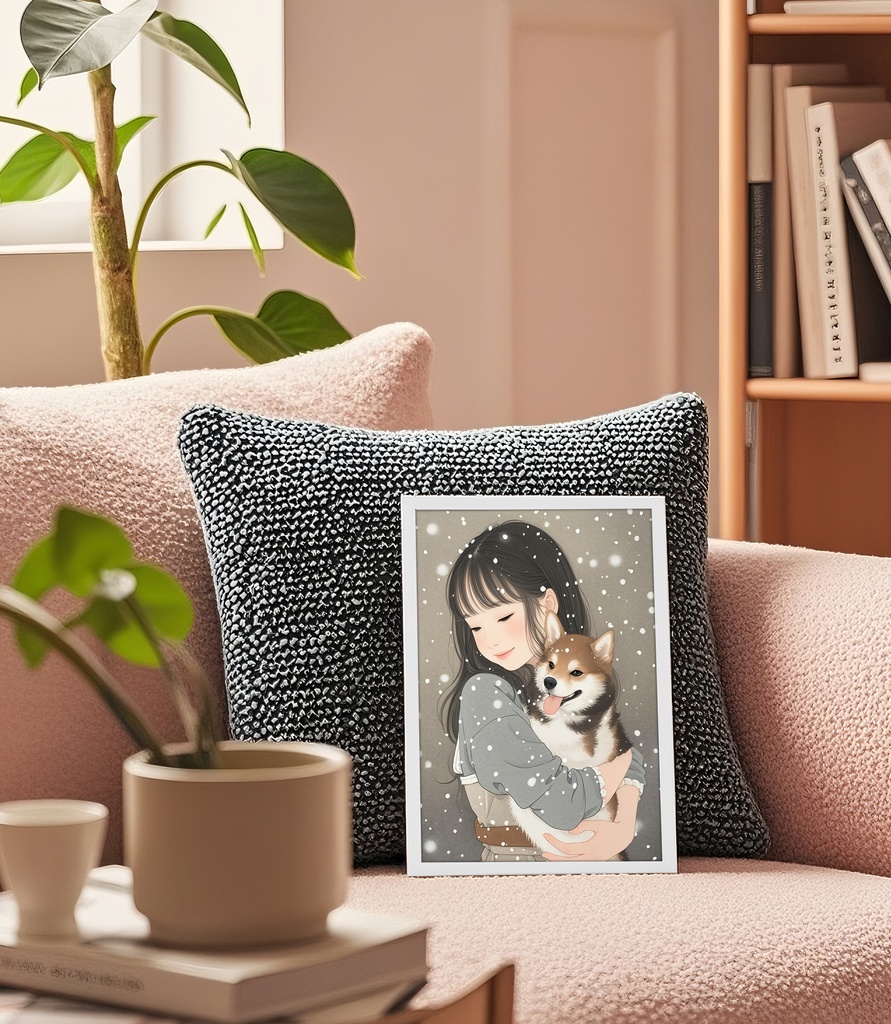 柴犬を抱く雪の少女