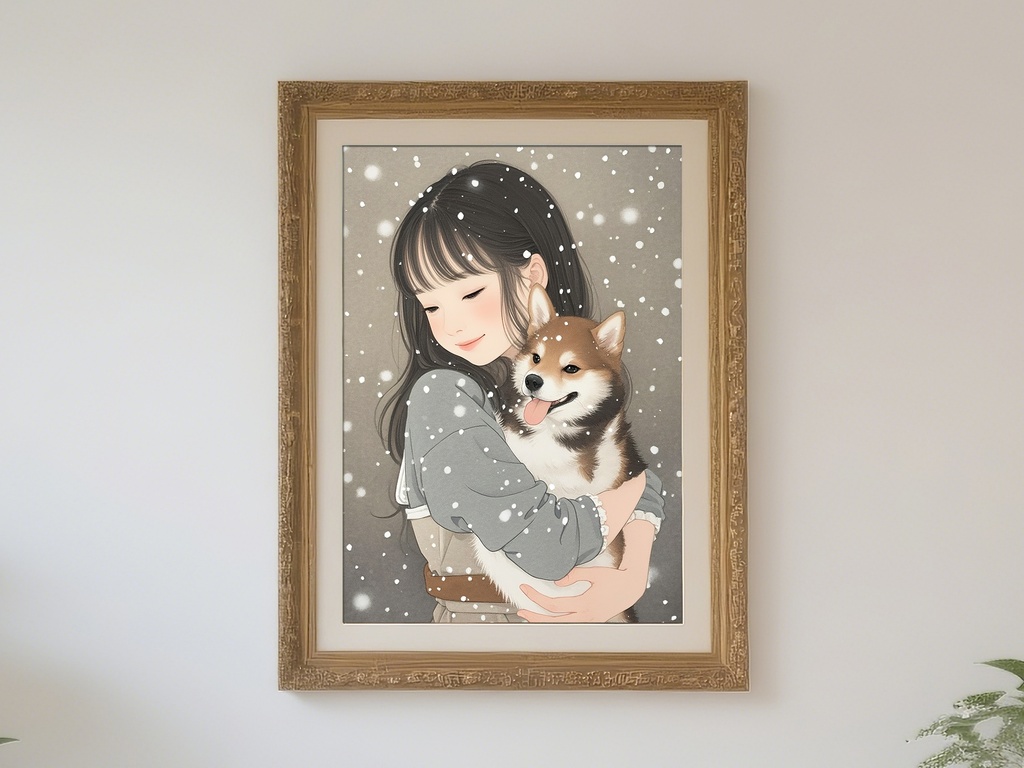 柴犬を抱く雪の少女