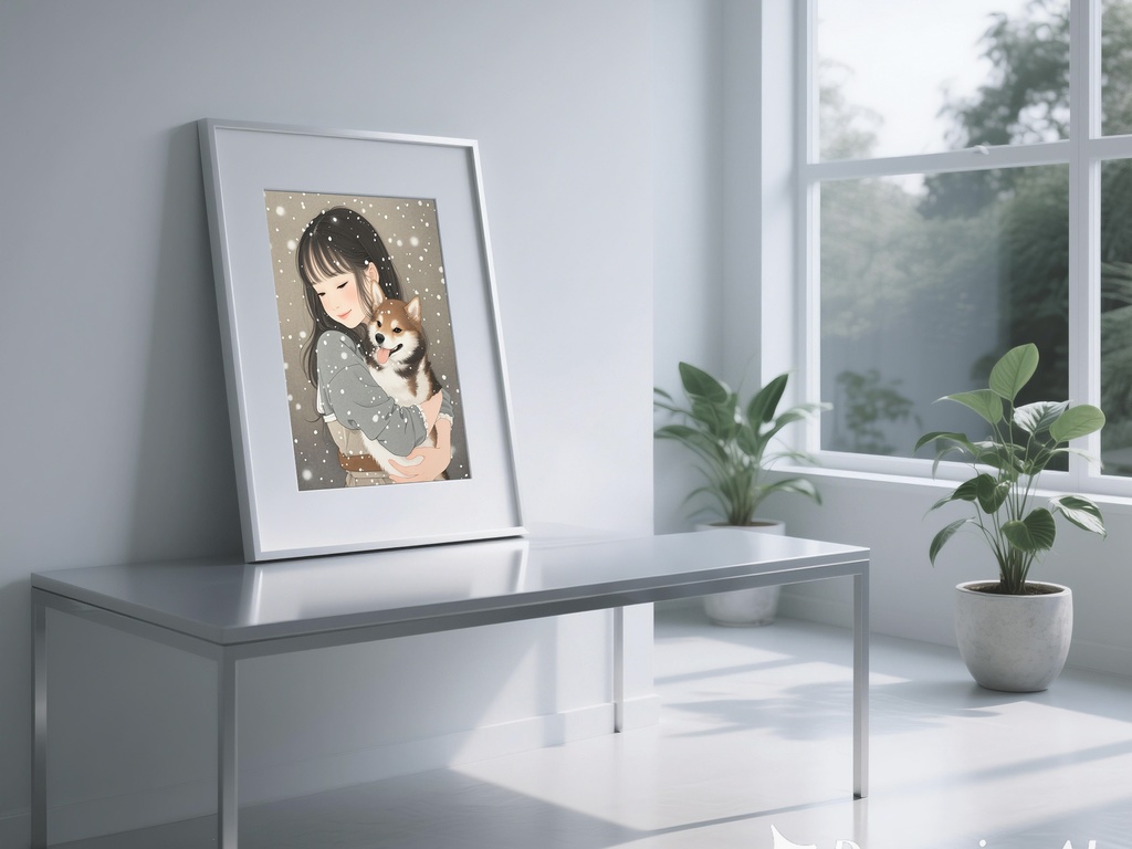 柴犬を抱く雪の少女