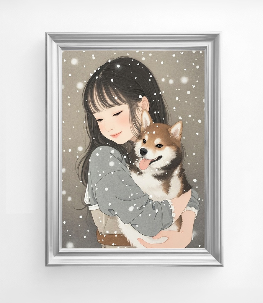 柴犬を抱く雪の少女
