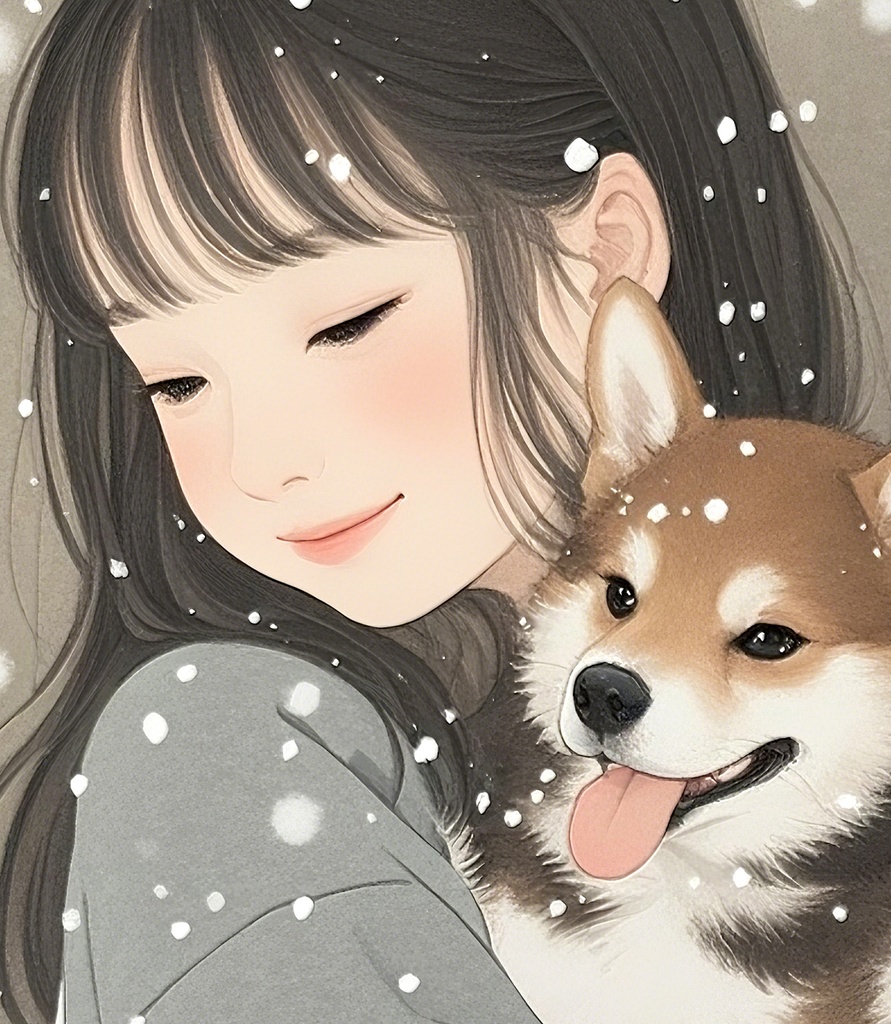 柴犬を抱く雪の少女