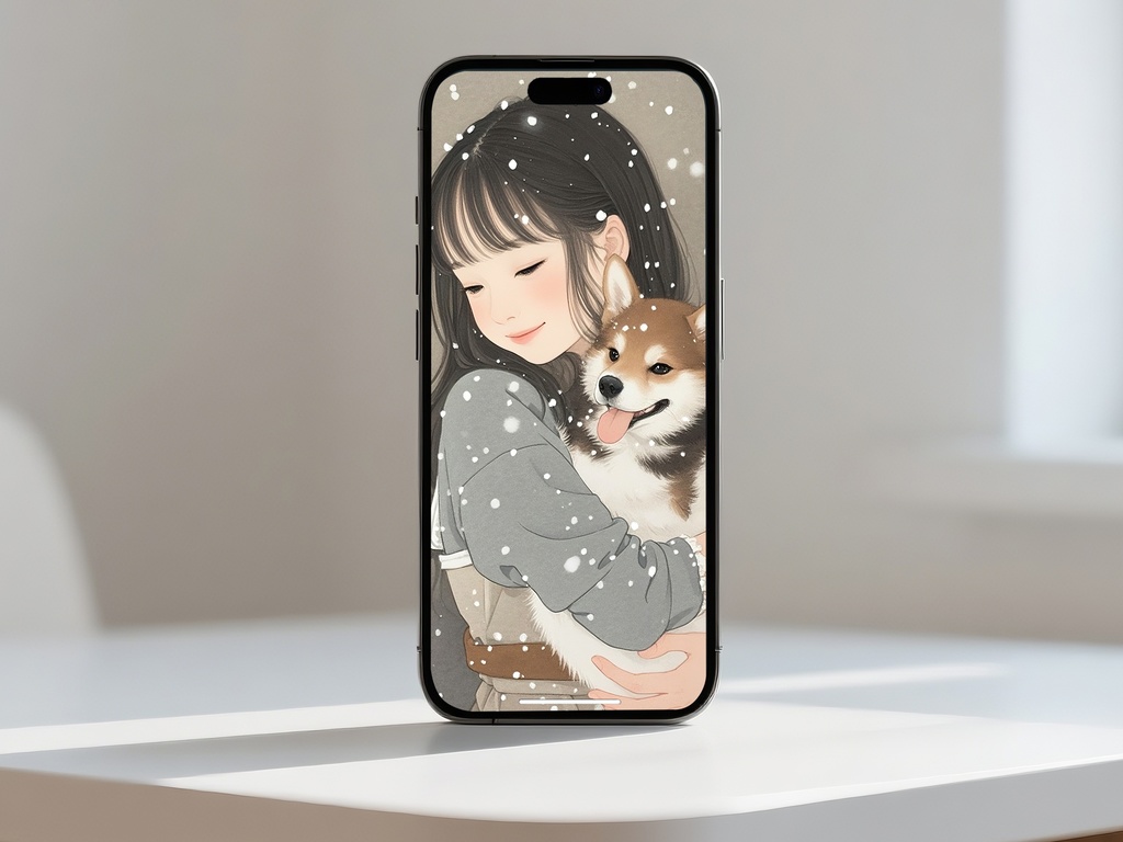 柴犬を抱く雪の少女