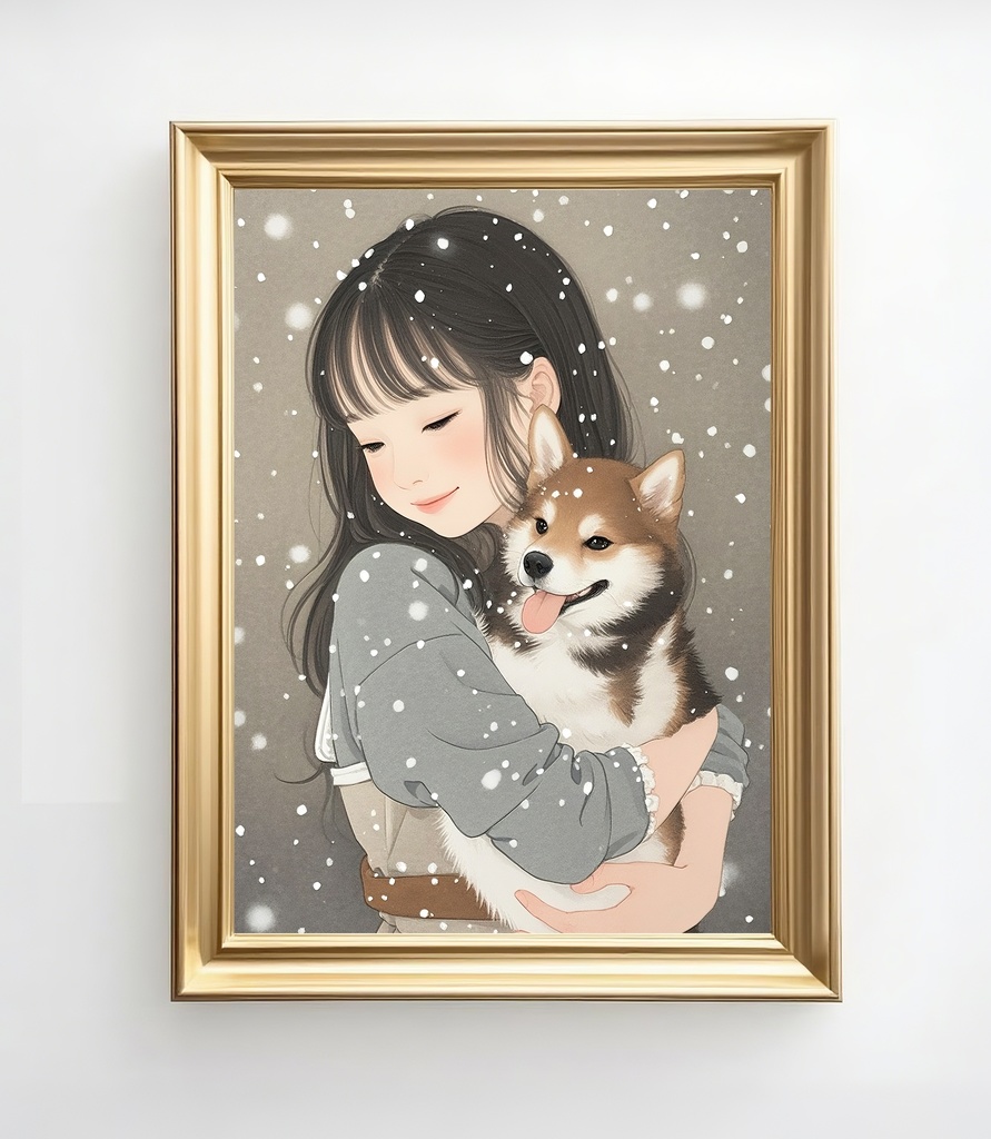 雪の中で柴犬を抱く少女