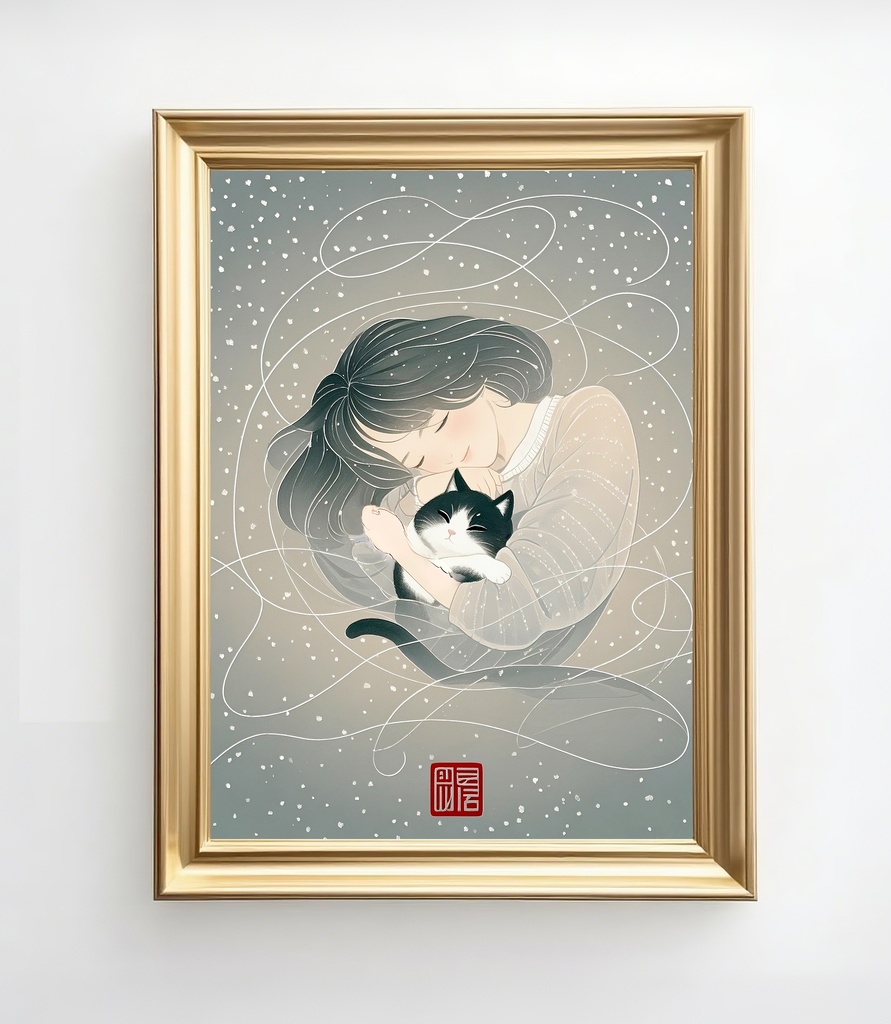 女性と猫の癒しイラスト