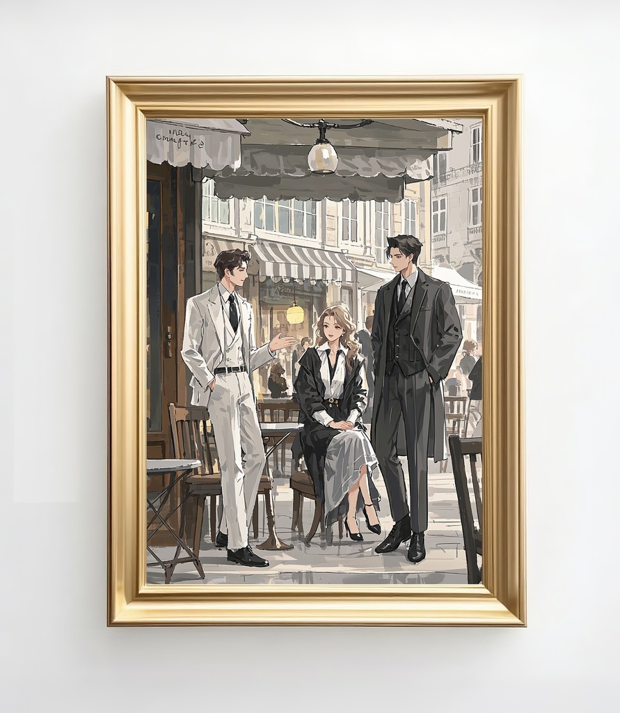 都会的カフェシーンのモノトーンファッションアート
