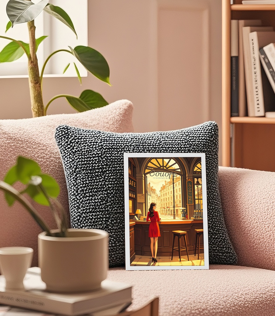 窓辺の赤い服の女性