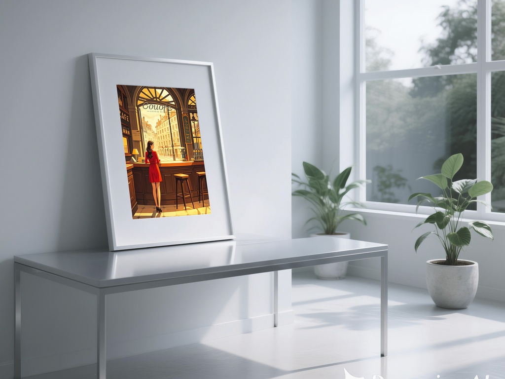 窓辺の赤い服の女性