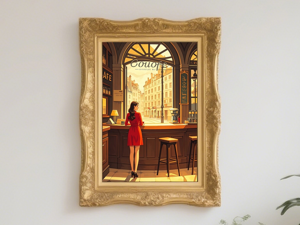 窓辺の赤い服の女性