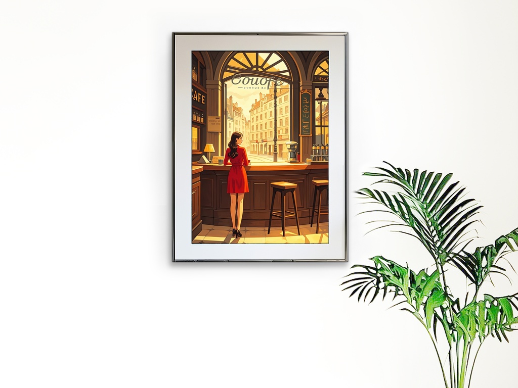 窓辺の赤い服の女性