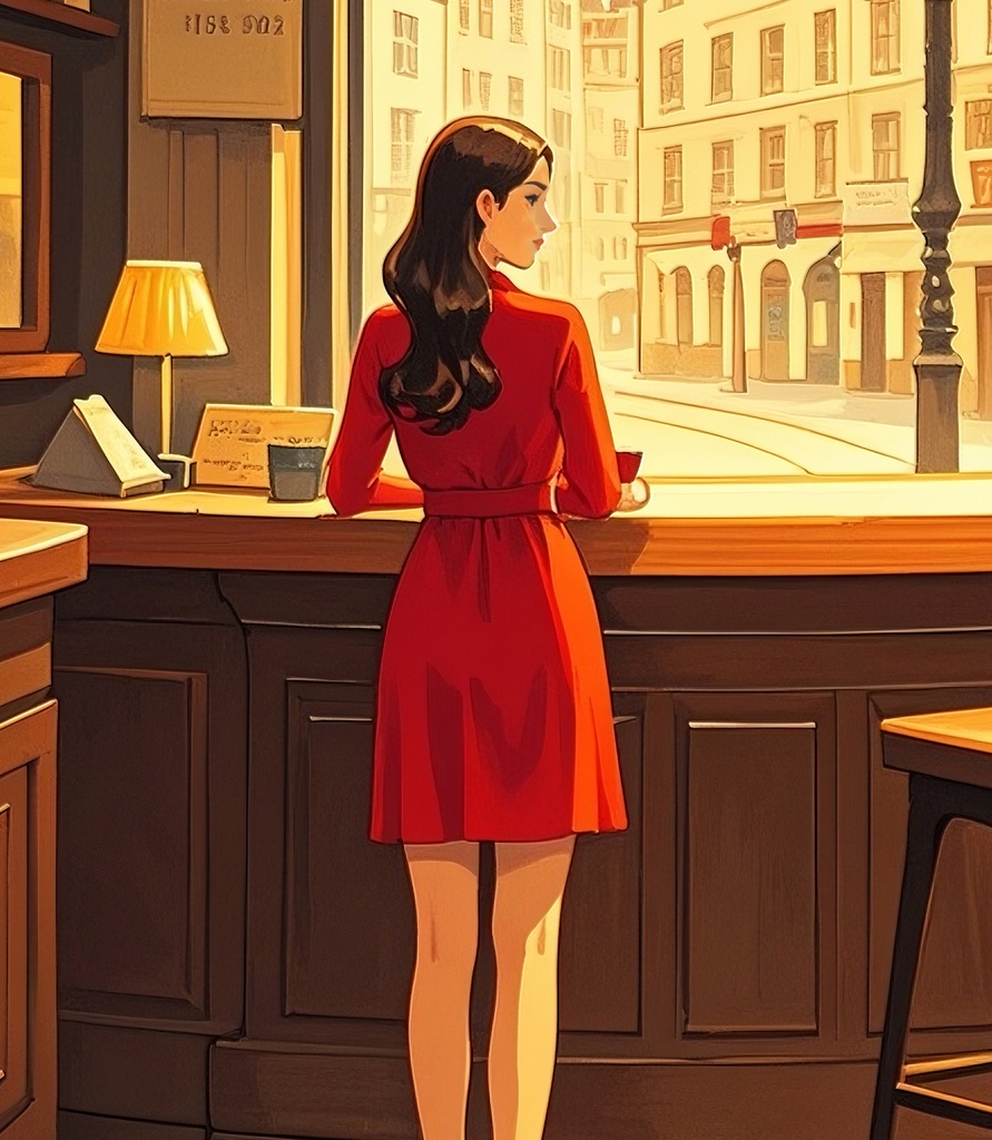 窓辺の赤い服の女性