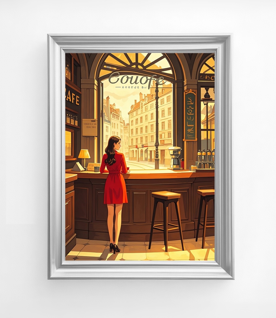 窓辺の赤い服の女性