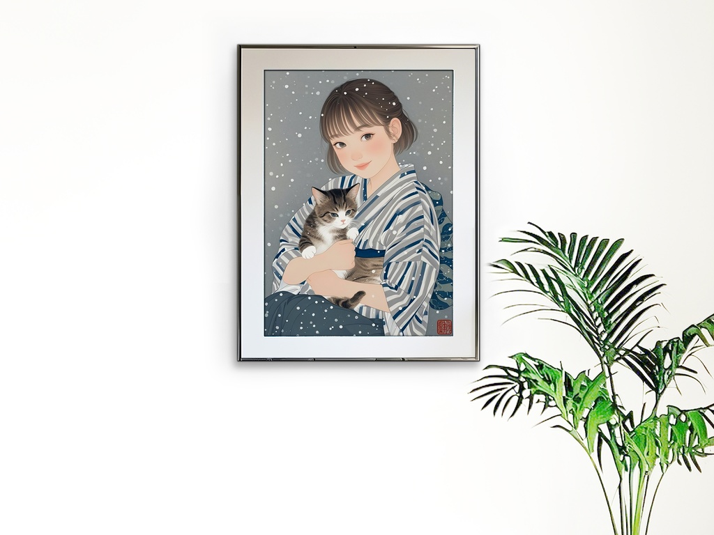 猫を抱く妹の肖像画