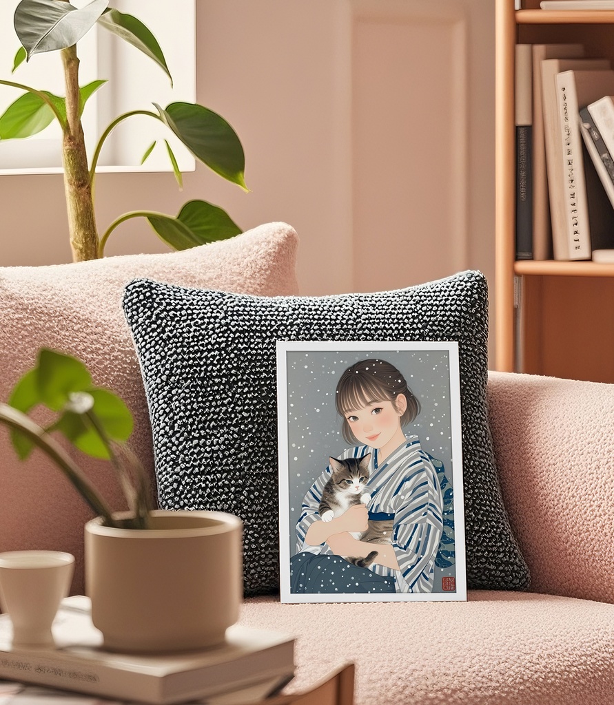 猫を抱く妹の肖像画