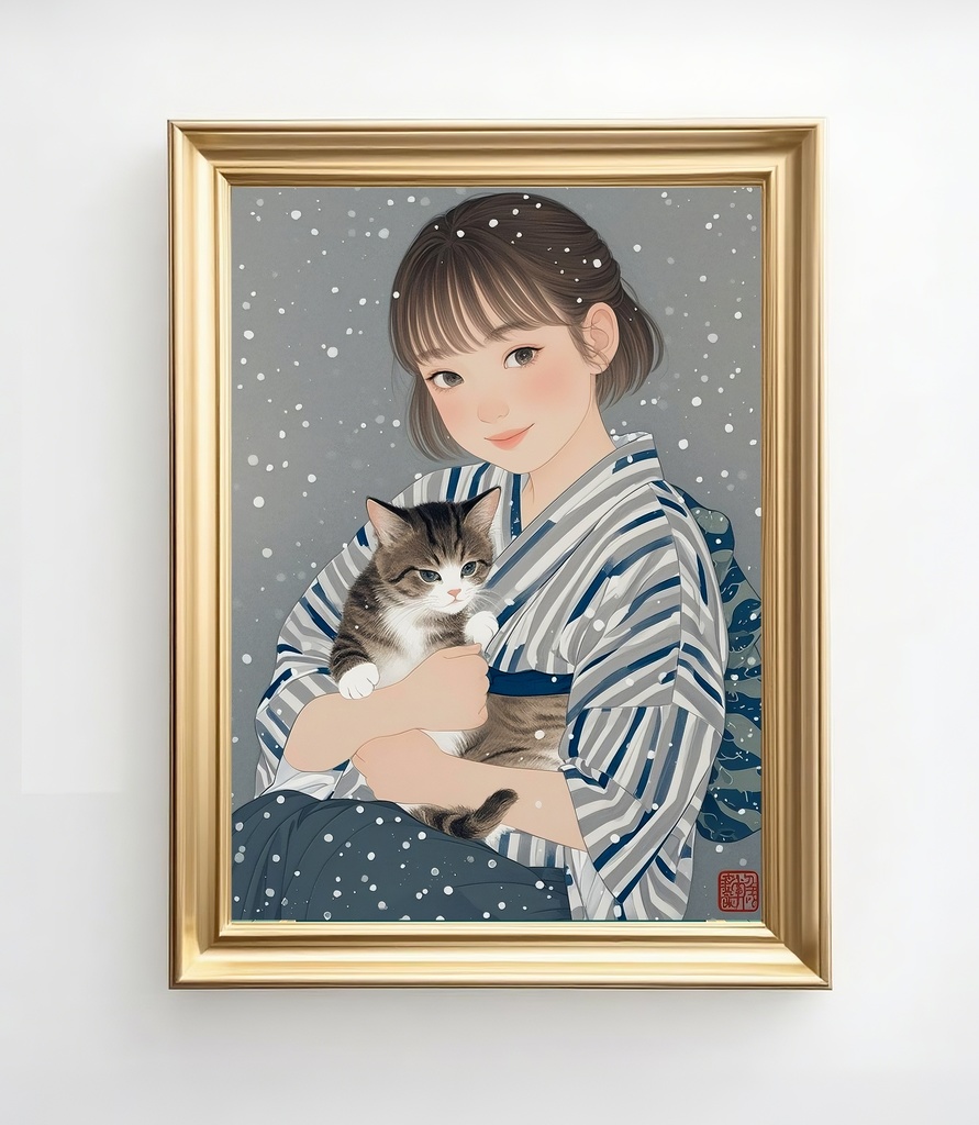 妹の肖像画・雪の中で猫を抱く着物姿の少女