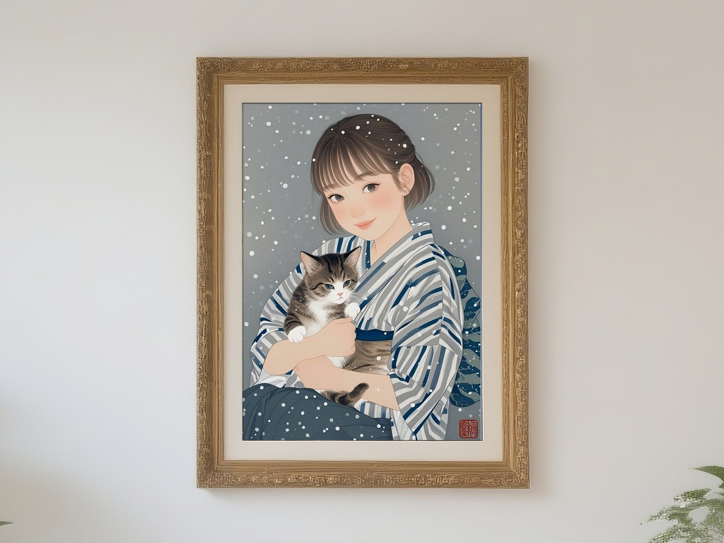 猫を抱く妹の肖像画
