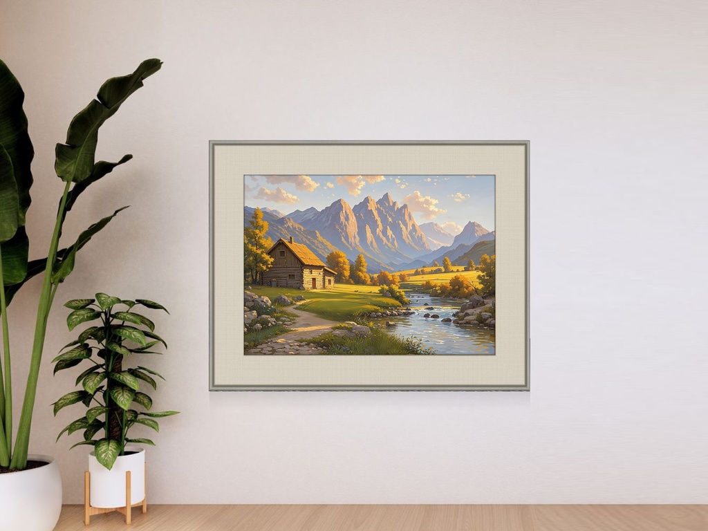 山小屋と渓流の風景