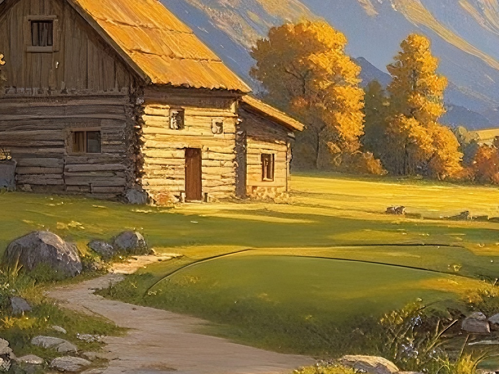 山小屋と渓流の風景