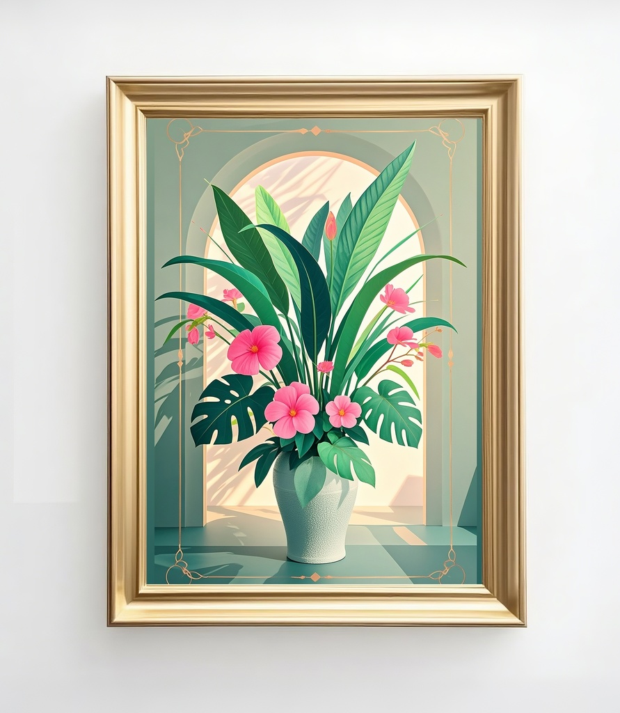 アーチ窓と花の静謐なフラワーアート