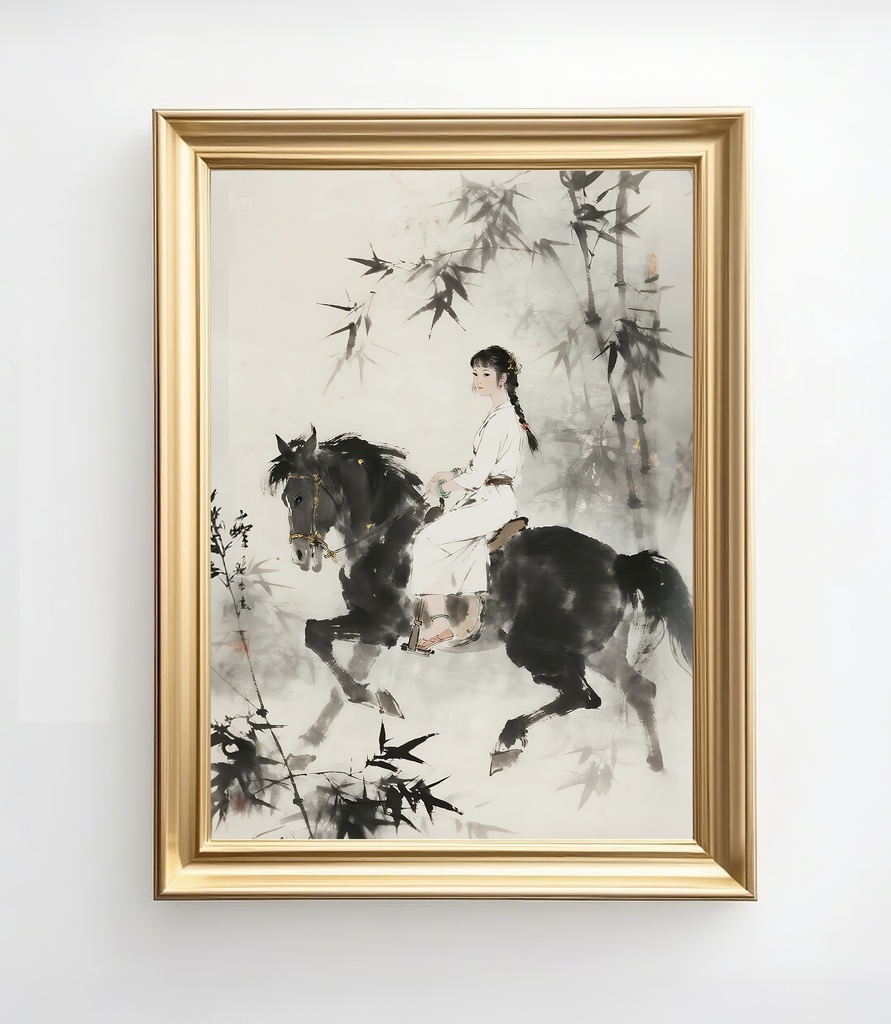 竹林の騎乗美人東洋水墨アート