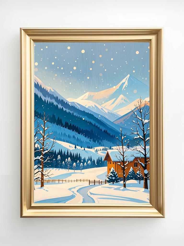 山麓の冬の景色と小さな家