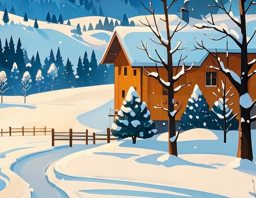 山麓の冬の景色と小さな家