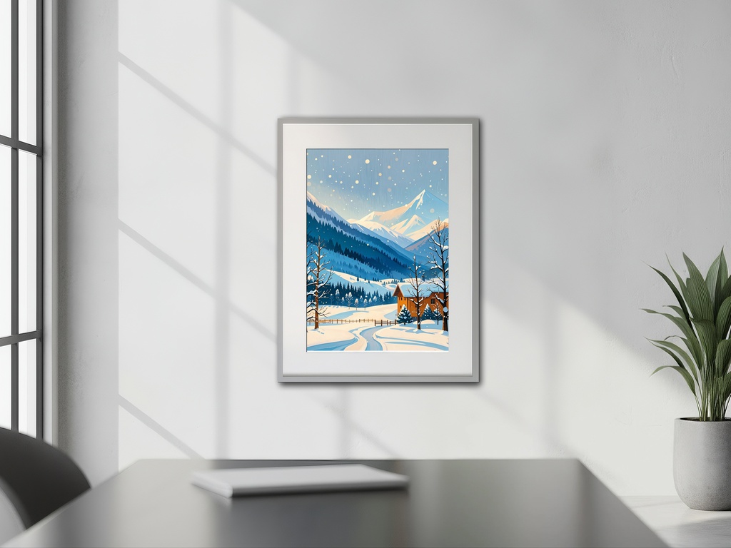 山麓の冬の景色と小さな家