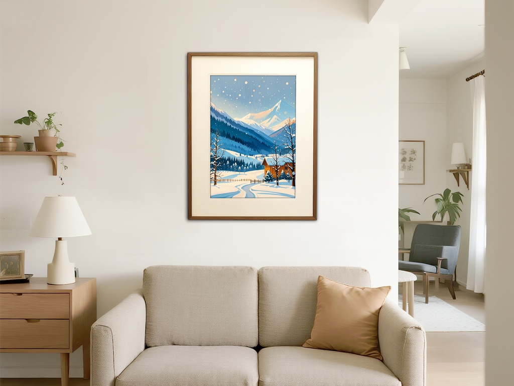 山麓の冬の景色と小さな家