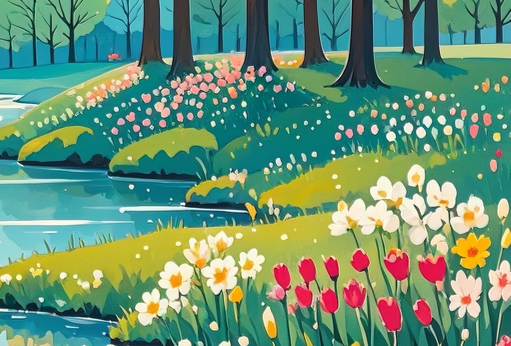 春の川辺とピンクの並木