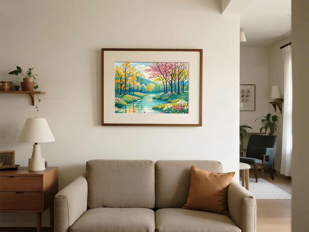 春の川辺とピンクの並木