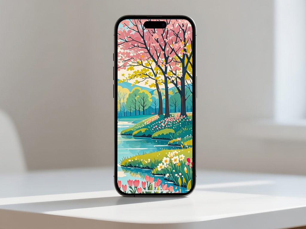 春の川辺とピンクの並木