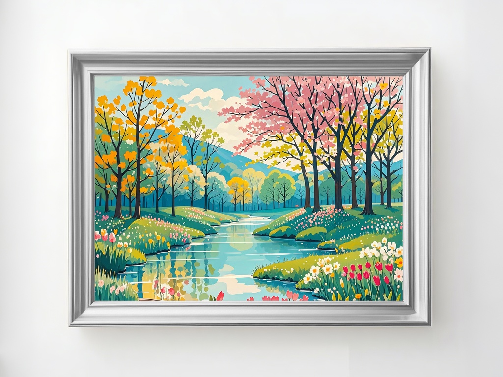 春の川辺とピンクの並木