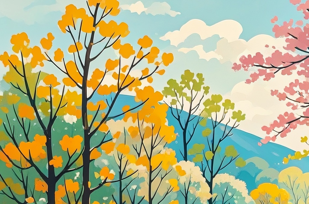 春の川辺とピンクの並木