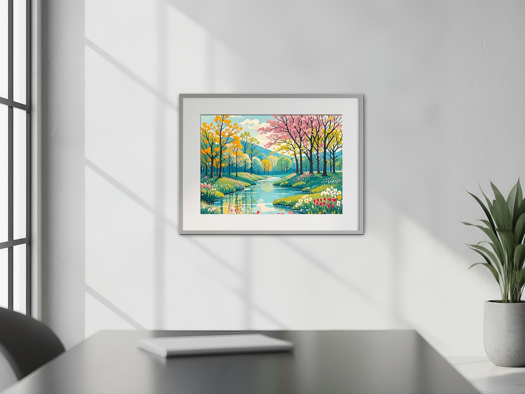 春の川辺とピンクの並木