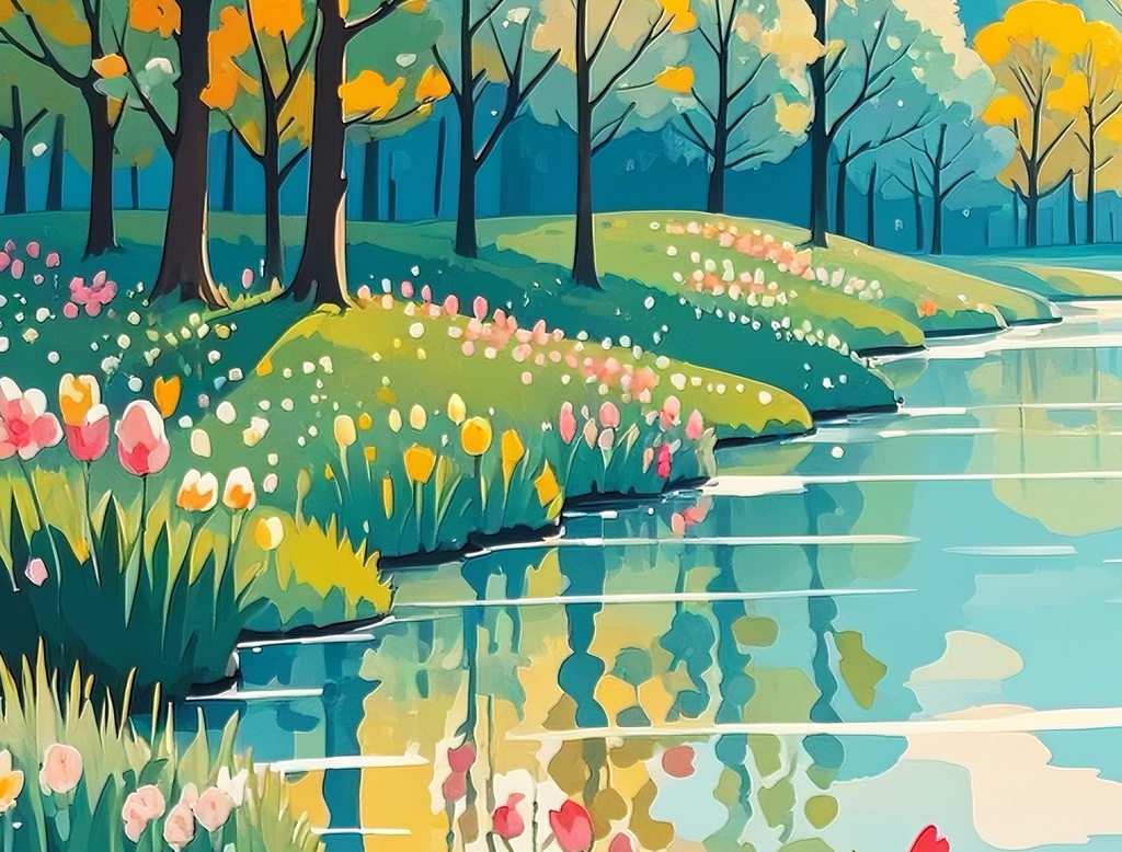 春の川辺とピンクの並木