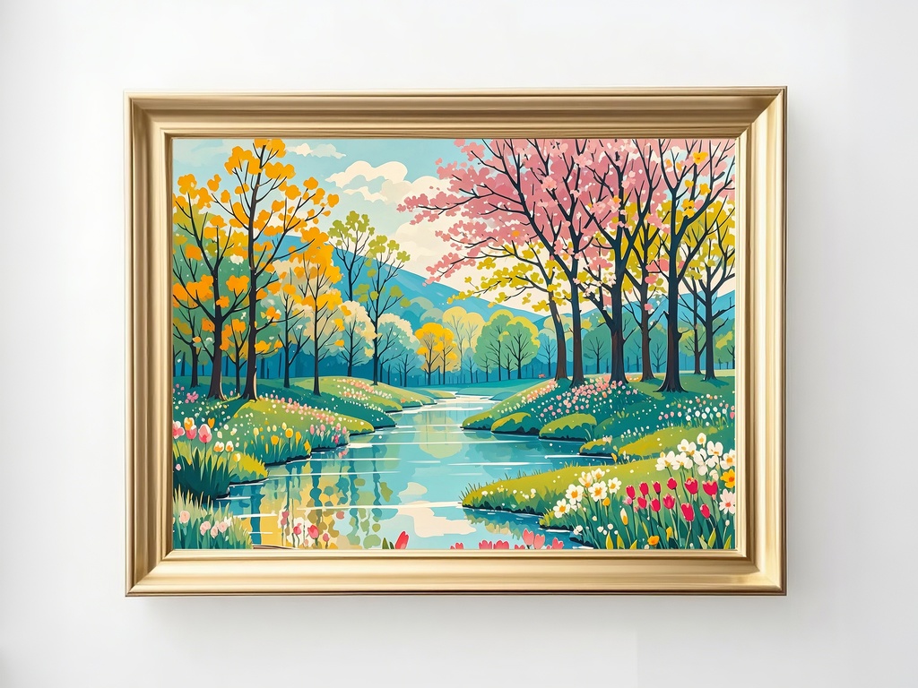 春の川辺とピンクの並木